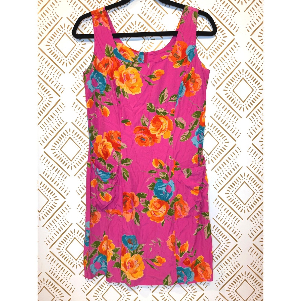 Vintage 90s/Y2K Mini Shift Dress Size 8 Pink Floral Sleeveless Rayon‎ Retro